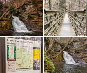 A collage of four photos related to Lower Indian Ladders Falls in Pike County, PA. The top left image shows the 25-foot-tall waterfall cascading over moss-covered rocks into a pool below. The top right image features a wooden and metal footbridge crossing Hornbecks Creek, part of the trail leading to the falls. The bottom left image depicts the trailhead information board for Lower Hornbecks Creek, displaying a detailed map, regulations, and safety tips. The bottom right image is another view of Lower Indian Ladders Falls, highlighting the lush greenery and rocky cliffs surrounding the waterfall within the Delaware Water Gap National Recreation Area.