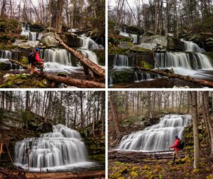 Collage of four images featuring a hiker at Sawkill and Savantine Falls in the Delaware State Forest, Pike County, Pennsylvania. The images depict the hiker at various viewpoints of the cascading waterfalls. The top left and right photos show him observing the falls from different angles, with the water spilling over rocky terraces amidst a forest setting. The bottom left photo captures the hiker in front of a broad, flowing curtain of water, and the bottom right shows him from behind, looking out at a wide, multi-tiered waterfall. Each scene is framed by the rugged beauty of the forest, showcasing the tranquil and picturesque environment of these waterfalls.