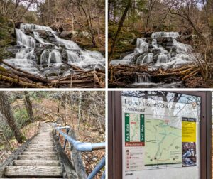 A collage of four photos capturing the beauty and experience of visiting Upper Indian Ladders Falls in Pike County, Pennsylvania. The top left and top right images showcase the stunning waterfall with water cascading over rocky tiers, surrounded by a dense forest with scattered fallen branches. The bottom left image features a steep wooden staircase with metal railings, leading down through the forest to the falls. The bottom right image shows the trailhead sign for Upper Hornbecks Creek, displaying a detailed map and safety information for hikers exploring the area.