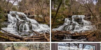 A collage of four photos capturing the beauty and experience of visiting Upper Indian Ladders Falls in Pike County, Pennsylvania. The top left and top right images showcase the stunning waterfall with water cascading over rocky tiers, surrounded by a dense forest with scattered fallen branches. The bottom left image features a steep wooden staircase with metal railings, leading down through the forest to the falls. The bottom right image shows the trailhead sign for Upper Hornbecks Creek, displaying a detailed map and safety information for hikers exploring the area.