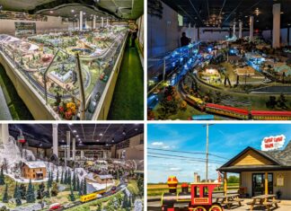 A collage of four photos taken at the Choo Choo Barn in Lancaster County, PA. The top left image shows a wide-angle view of the extensive model train display featuring a circus tent, carousel, and various detailed miniature scenes. The top right image captures the display at night with the lights dimmed, creating a magical ambiance with illuminated buildings and train tracks. The bottom left image depicts a snowy mountain landscape with a moving gondola lift, detailed buildings, and vehicles on a winding road. The bottom right image shows the exterior of the Choo Choo Barn building, complete with a colorful children's train display and picnic tables, set against a scenic countryside backdrop.