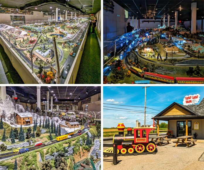A collage of four photos taken at the Choo Choo Barn in Lancaster County, PA. The top left image shows a wide-angle view of the extensive model train display featuring a circus tent, carousel, and various detailed miniature scenes. The top right image captures the display at night with the lights dimmed, creating a magical ambiance with illuminated buildings and train tracks. The bottom left image depicts a snowy mountain landscape with a moving gondola lift, detailed buildings, and vehicles on a winding road. The bottom right image shows the exterior of the Choo Choo Barn building, complete with a colorful children's train display and picnic tables, set against a scenic countryside backdrop.