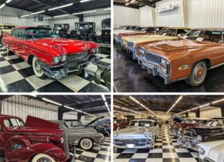 A collage of four photos taken at the Greenberg Cadillac Museum in Jefferson County, PA. The top left photo features a vibrant red 1959 Cadillac with other vintage cars in the background. The top right photo shows a lineup of 1970s Cadillacs, including models in brown, beige, and white. The bottom left photo displays a row of vintage Cadillacs, including a maroon model with its hood open, alongside other cars in gray and blue. The bottom right photo showcases various classic Cadillacs with distinctive chrome detailing, including a silver model from the late 1950s, all arranged on a checkered floor in a well-lit museum setting.