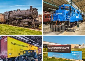 This collage from the Railroad Museum of Pennsylvania in Strasburg, Lancaster County, showcases a variety of exhibits that highlight the rich history and technological evolution of rail transport. The first image features a weathered black steam locomotive displayed outdoors, illustrating the grandeur and complexity of early 20th-century railway engineering. The second image highlights a bright blue Conrail diesel locomotive, a representation of modern advancements in rail technology, housed within the spacious interior of the museum. The third image captures a vibrant yellow Fruit Growers Express refrigerated boxcar accompanied by a vintage black truck, demonstrating the historical logistics of perishable goods transportation. The final image displays the museum’s entrance sign, set against the backdrop of the museum's contemporary architecture and inviting green landscape, providing visitors with directions and accessibility information. Together, these images encapsulate the diverse attractions and educational opportunities available at the museum, celebrating the legacy of railroads in Pennsylvania.