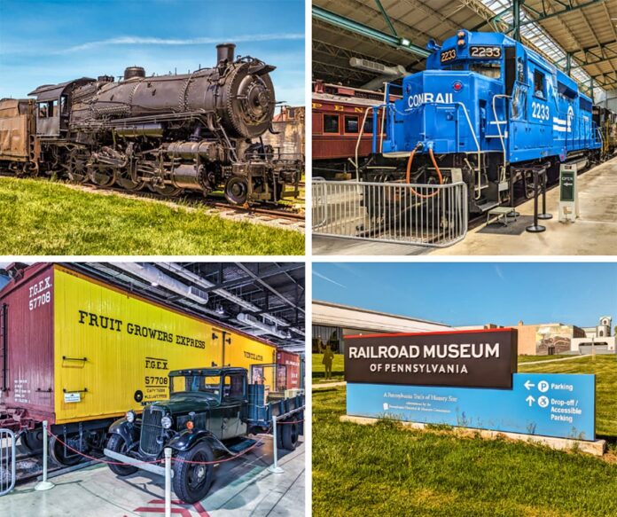This collage from the Railroad Museum of Pennsylvania in Strasburg, Lancaster County, showcases a variety of exhibits that highlight the rich history and technological evolution of rail transport. The first image features a weathered black steam locomotive displayed outdoors, illustrating the grandeur and complexity of early 20th-century railway engineering. The second image highlights a bright blue Conrail diesel locomotive, a representation of modern advancements in rail technology, housed within the spacious interior of the museum. The third image captures a vibrant yellow Fruit Growers Express refrigerated boxcar accompanied by a vintage black truck, demonstrating the historical logistics of perishable goods transportation. The final image displays the museum’s entrance sign, set against the backdrop of the museum's contemporary architecture and inviting green landscape, providing visitors with directions and accessibility information. Together, these images encapsulate the diverse attractions and educational opportunities available at the museum, celebrating the legacy of railroads in Pennsylvania.