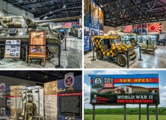 A collage of four photos taken at the WWII American Experience Museum in Gettysburg, PA, showcases various exhibits. The top left image features an M18 Hellcat tank destroyer with historical photographs and a display case containing a uniform and medals. The top right image displays a "Follow Me" Jeep painted in yellow and black checkers, surrounded by other military vehicles and artifacts with American and Japanese flags in the background. The bottom left image highlights the 10th Mountain Division exhibit, featuring a mannequin dressed in winter uniform and detailed informational panels. The bottom right image shows an outdoor sign announcing the museum's opening, with an image of the museum building and a clear, sunny sky in the background. These images collectively emphasize the museum's dedication to educating the public about American sacrifices during WWII and honoring those who served.