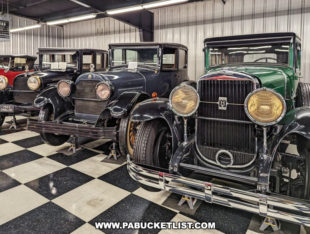 A line-up of meticulously restored 1920s Cadillacs on display at the Greenberg Cadillac Museum in Jefferson County, PA. The vehicles, showcasing a range of elegant designs and classic features, include a 1923 Cadillac and other models with distinct black and green exteriors. The checkered floor and well-lit environment highlight the pristine condition and historical significance of these vintage automobiles.