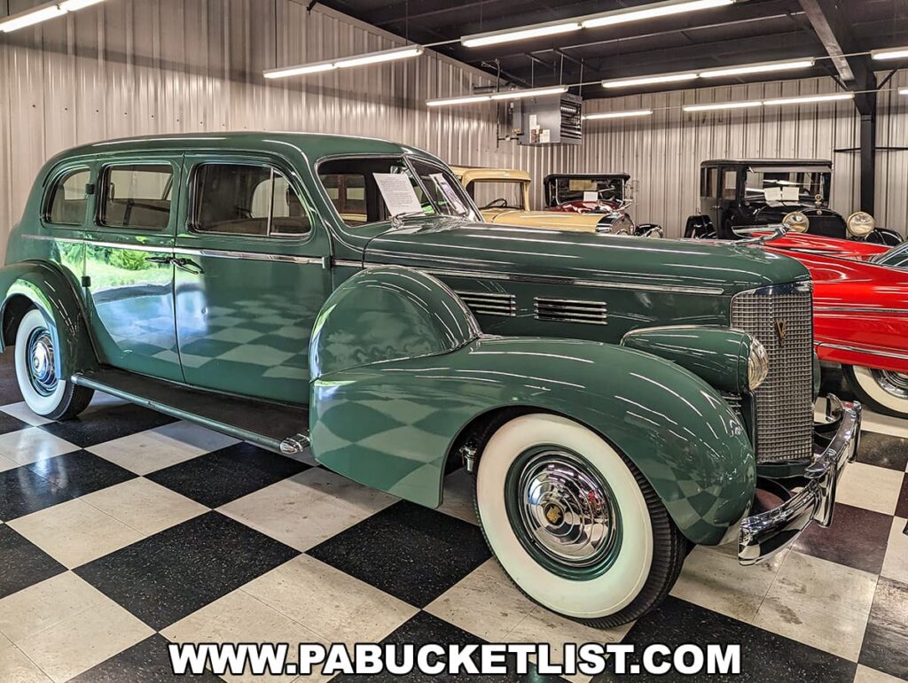 A 1938 Cadillac Limousine on display at the Greenberg Cadillac Museum in Jefferson County, PA. The car features a sleek green exterior with white-wall tires and chrome detailing. It is showcased in a well-lit museum setting with a checkered floor, surrounded by other vintage Cadillacs, including models in red and beige. The museum's environment highlights the pristine condition and historical significance of this classic vehicle.