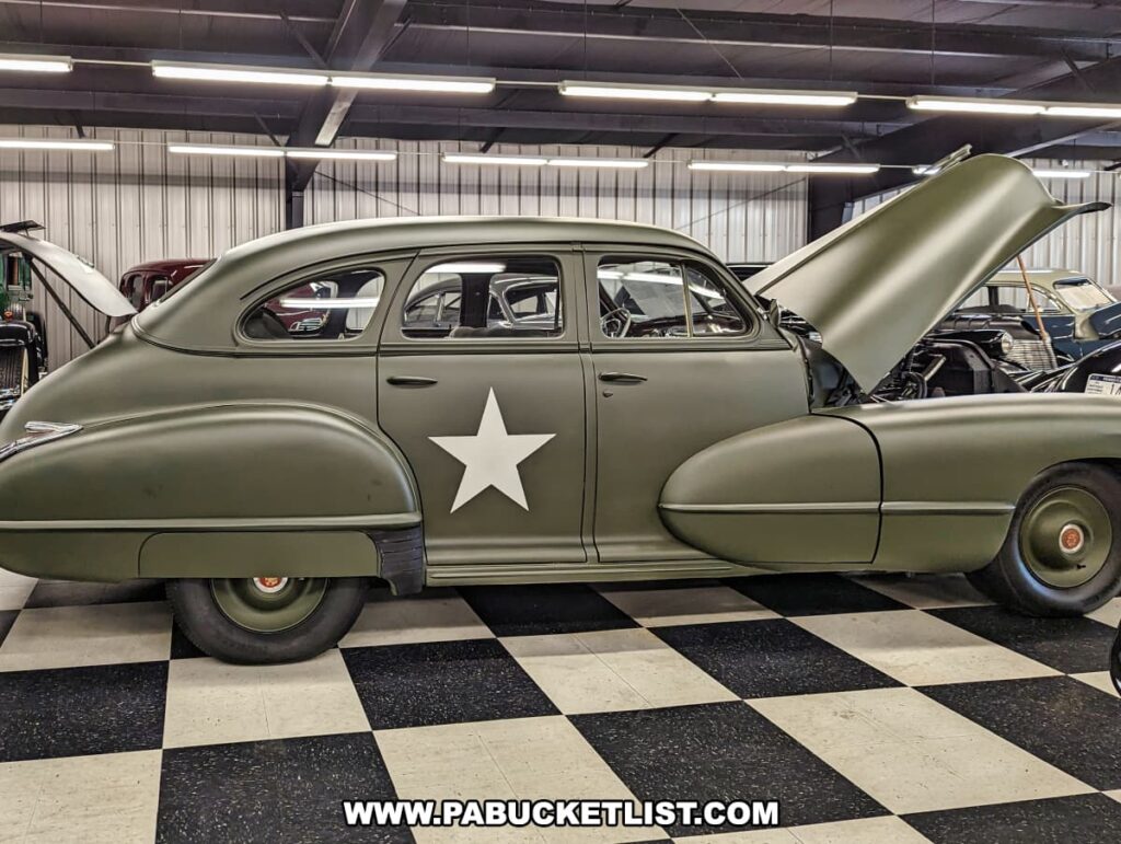 A 1942 Cadillac Army car on display at the Greenberg Cadillac Museum in Jefferson County, PA. The vehicle is painted in military green with a prominent white star on the side, showcasing its historical significance and military heritage. The hood is open, revealing the engine, and the car is set against a checkered floor backdrop, highlighting the museum's dedication to preserving unique and historically important Cadillacs.
