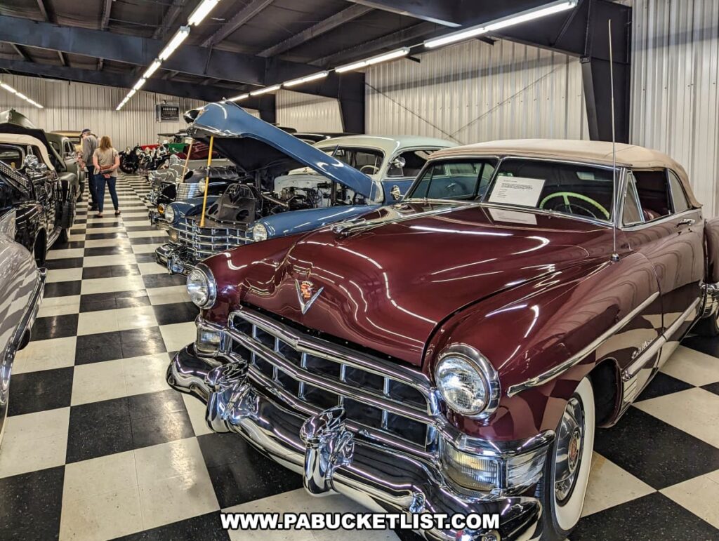 A 1949 Cadillac convertible with a striking maroon exterior and chrome detailing on display at the Greenberg Cadillac Museum in Jefferson County, PA. The car is positioned among other classic Cadillacs, including a blue model with its hood open, showcasing the engine. Visitors can be seen walking down the aisle, highlighting the extensive and diverse collection within the museum. The checkered floor and well-lit environment enhance the elegance and historical significance of the vehicles on display.