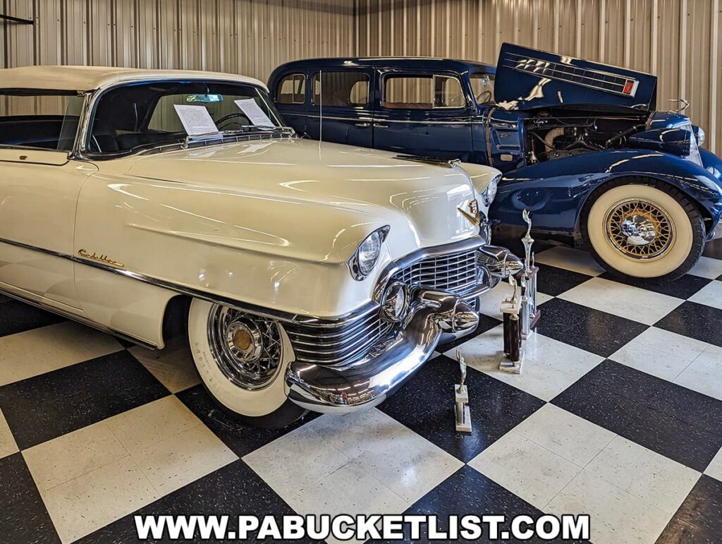 A 1954 Cadillac Eldorado Convertible on display at the Greenberg Cadillac Museum in Jefferson County, PA. The car features a pristine white exterior with chrome accents and white-wall tires. Next to it is a classic blue Cadillac with its hood open, showcasing the engine. Both vehicles are displayed on a checkered floor in a well-lit museum setting. Trophies are placed in front of the white Cadillac, highlighting its award-winning status and the museum's dedication to preserving the elegance and historical significance of these classic automobiles.