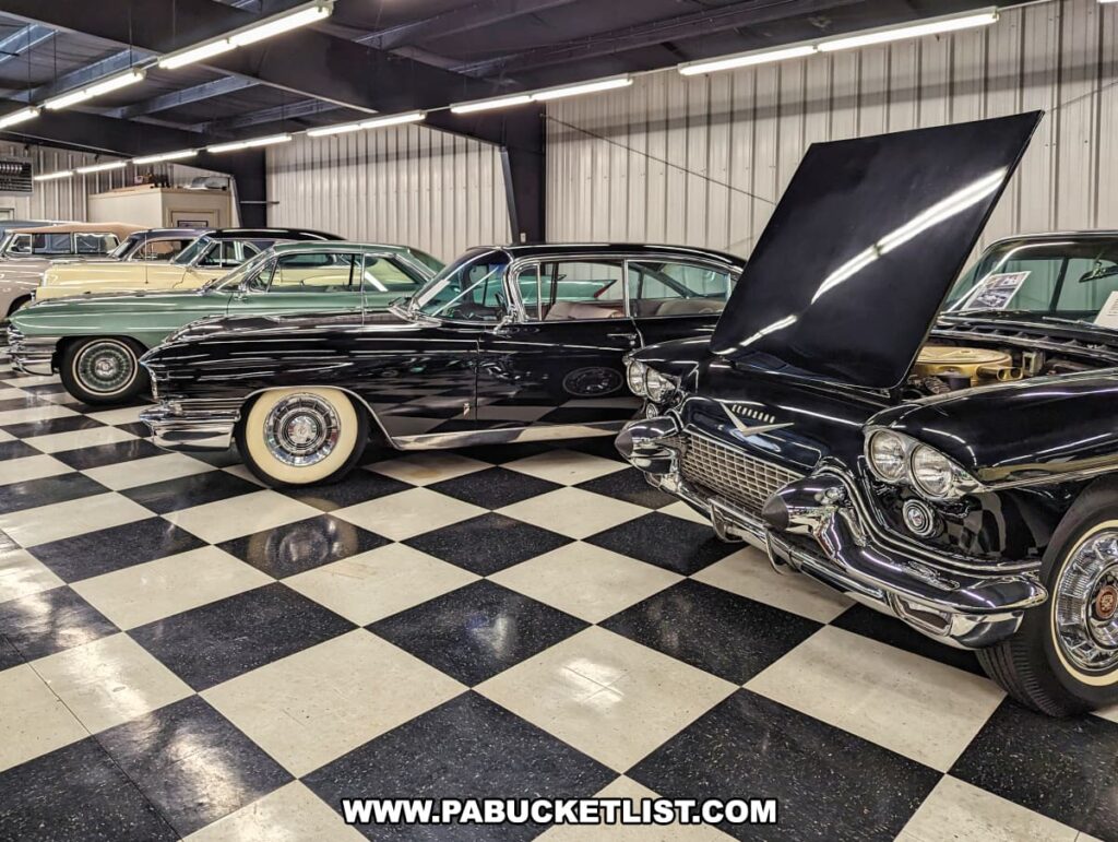A row of 1960s Cadillacs on display at the Greenberg Cadillac Museum in Jefferson County, PA. The lineup includes a black Cadillac with its hood open, showcasing the engine, and a series of other models in various colors such as cream and green. The cars are presented in a well-lit museum setting with a checkered floor, highlighting their pristine condition and the luxurious design elements characteristic of the Cadillac brand during this era.