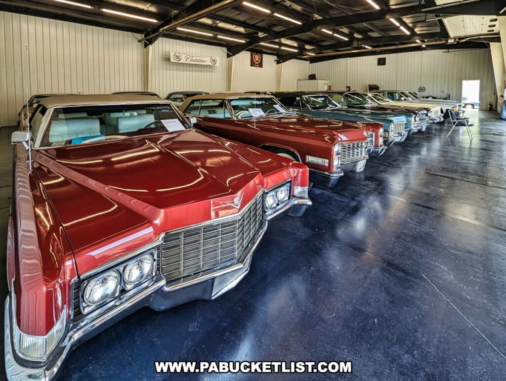 A row of 1970s Cadillacs on display at the Greenberg Cadillac Museum in Jefferson County, PA. The collection features a variety of models with colors ranging from deep red to metallic hues, all showcasing the distinctive, bold designs of the era. The cars are arranged in a spacious, well-lit area with a Cadillac banner in the background, highlighting the museum's dedication to preserving the luxury and history of these classic vehicles.