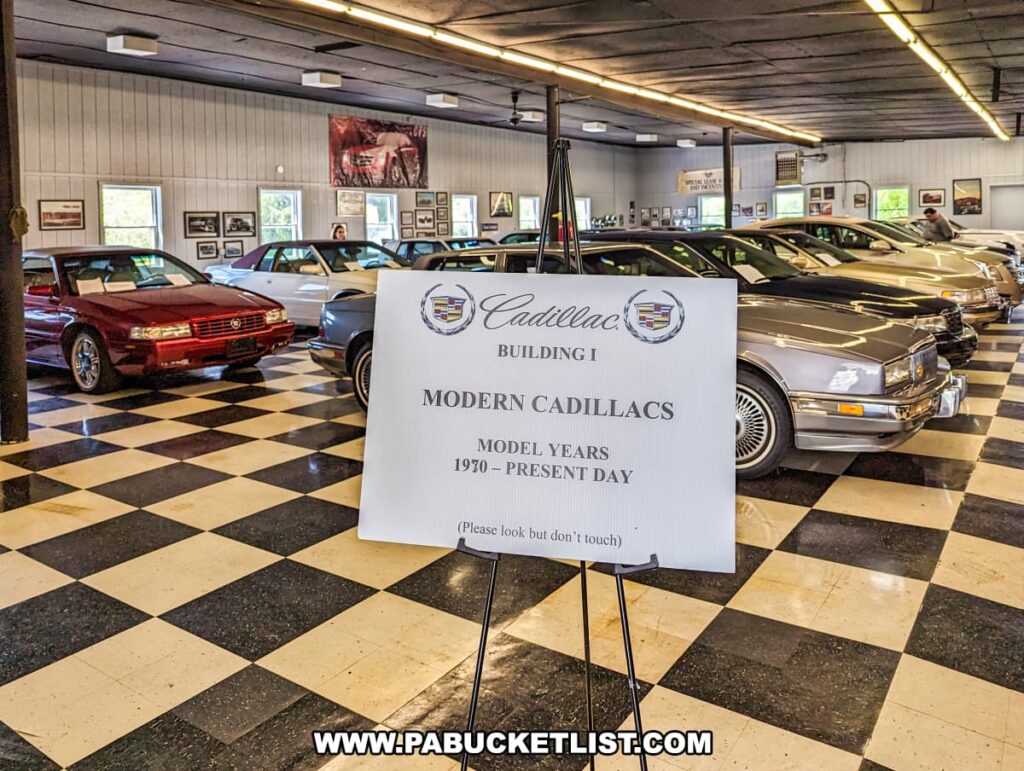 A display of modern Cadillacs from model years 1970 to the present day at the Greenberg Cadillac Museum in Jefferson County, PA. The collection includes a variety of models in different colors, with a prominent sign in the foreground indicating "Building I: Modern Cadillacs." The well-lit interior features a checkered floor and framed posters on the walls, providing a spacious and organized setting for showcasing these meticulously preserved vehicles.