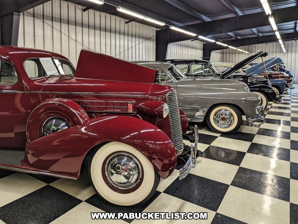 A row of vintage Cadillacs on display at the Greenberg Cadillac Museum in Jefferson County, PA. The lineup includes a maroon Cadillac with its hood open, showcasing the engine, and various other models in colors like gray and blue. The cars are arranged on a checkered floor in a well-lit museum setting, highlighting their pristine condition and the detailed craftsmanship of each vehicle. The museum's environment emphasizes the extensive and meticulously preserved collection of historic Cadillacs.
