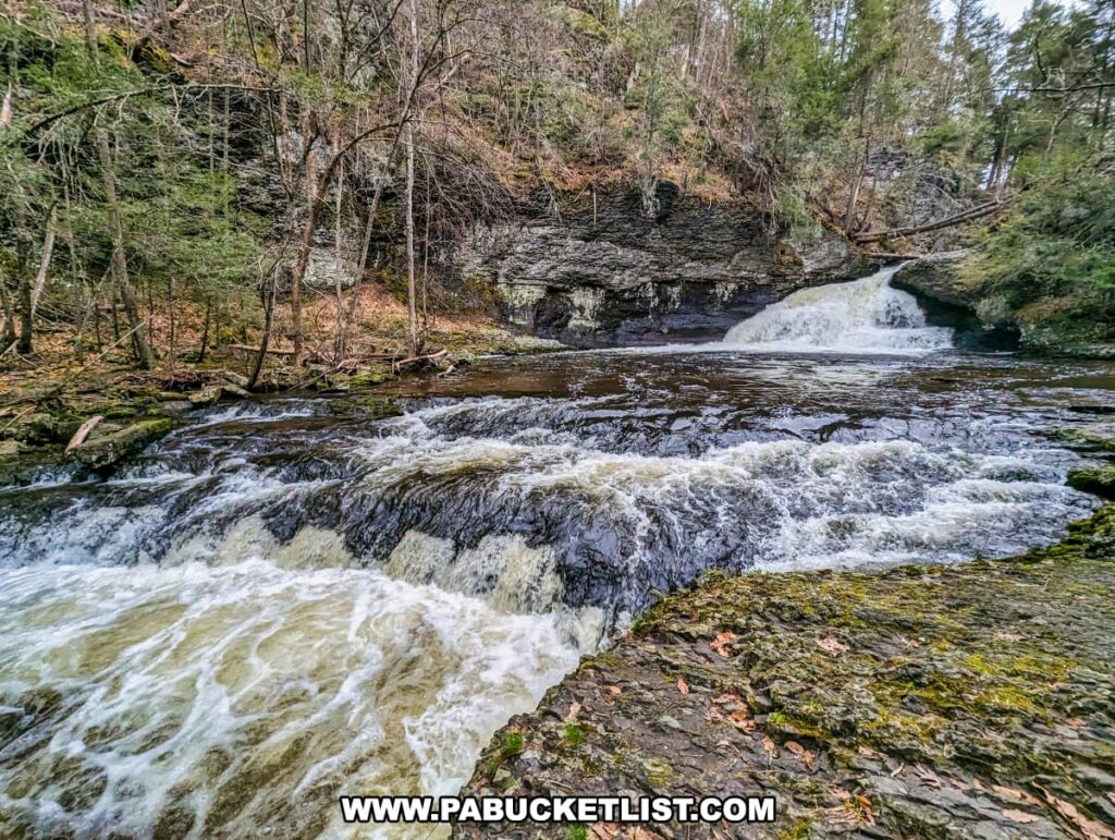 A serene view of Hackers Falls in Pike County, Pennsylvania, featuring cascading waters over rocky ledges surrounded by dense forest. The water flows energetically down a series of steps, creating a dynamic and picturesque scene amidst the natural greenery.
