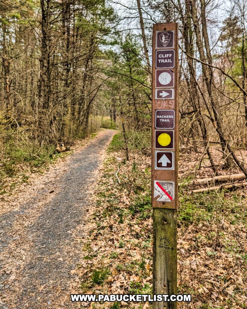 A trail signpost at Hackers Falls in Pike County, Pennsylvania, marking the intersection of the Cliff Trail and Hackers Trail. The signpost features various trail markers, including directional arrows and a yellow blaze for Hackers Trail. The gravel path winds through a dense forest, with fallen leaves covering the ground and trees lining the trail, creating a scenic and well-marked route for hikers.