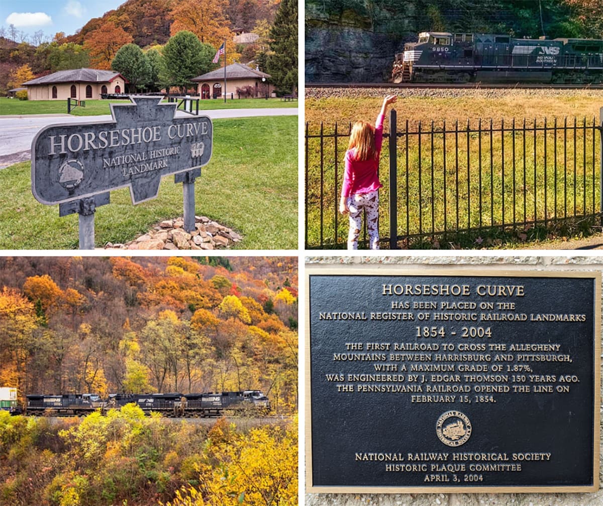 A collage of 4 photos taken at the Horseshoe Curve in Blair County PA.