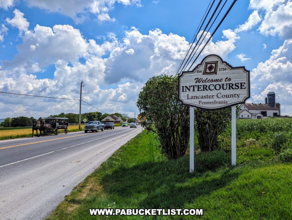 A roadside view in Intercourse, Lancaster County, Pennsylvania, featuring a sign that reads "Welcome to Intercourse, Lancaster County, Pennsylvania." The road is lined with green fields and a mix of vehicles, including a traditional Amish horse-drawn buggy. The background shows a picturesque rural landscape with farm buildings and a blue sky filled with fluffy clouds. This area is home to Barry's Car Barn, a classic car museum focusing on American muscle cars from the 50s, 60s, and 70s.