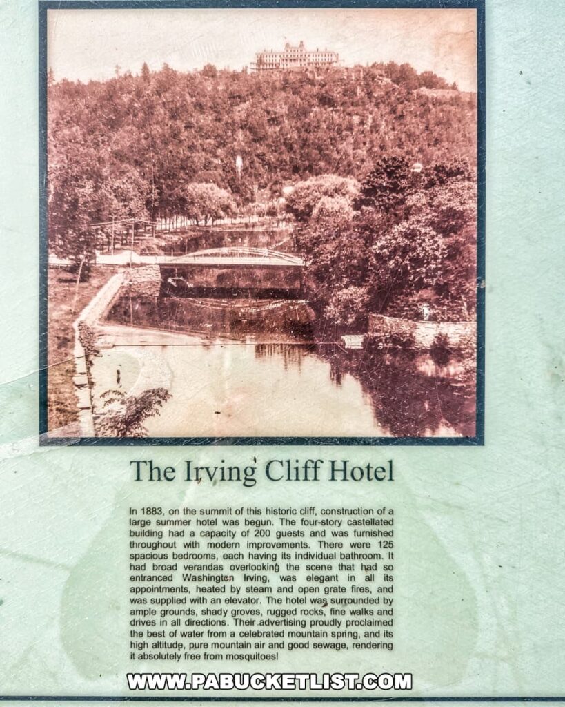 A description of the Irving Cliff Hotel which once stood at the sight of the modern overlook.
