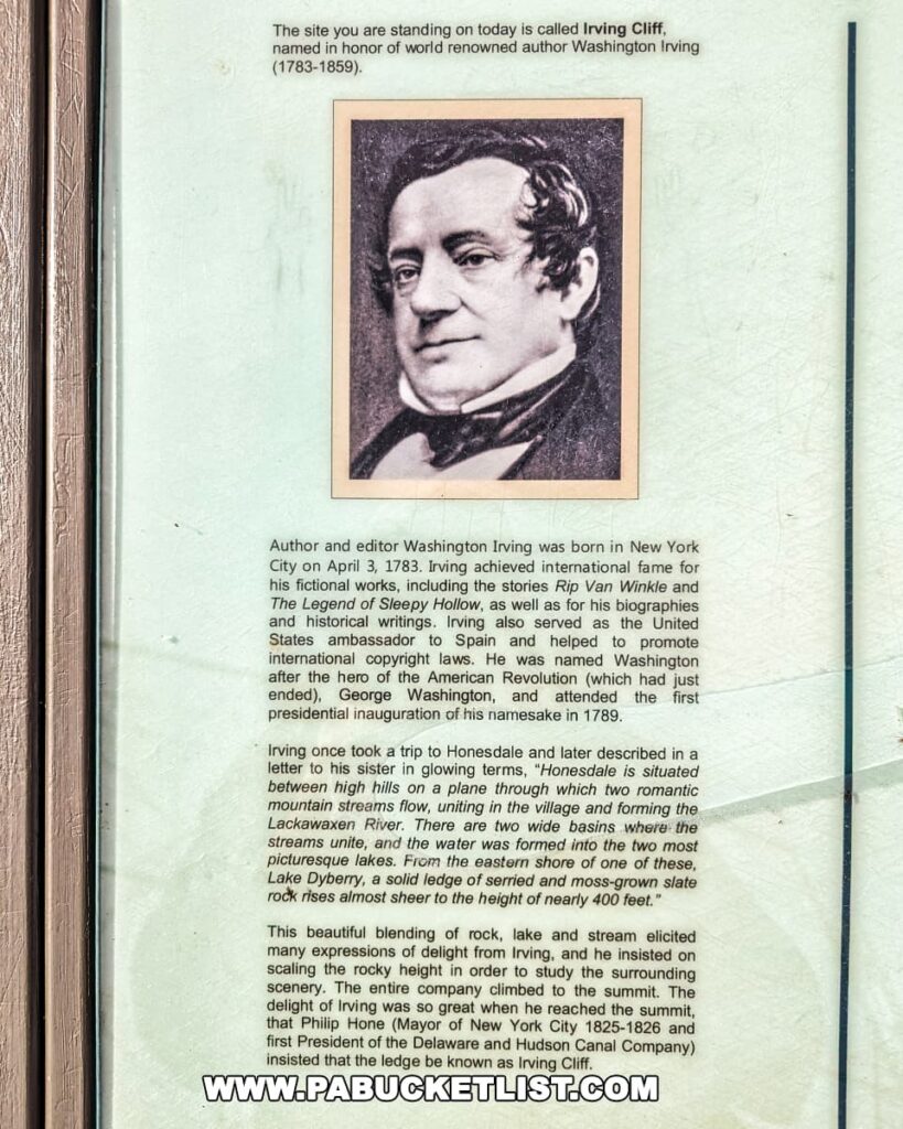 An explanation for how Irving Cliff was named after author Washington Irving.