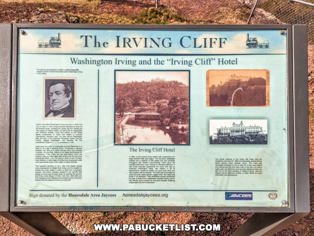 Informational panel about Irving Cliff at the overlook in Wayne County PA.