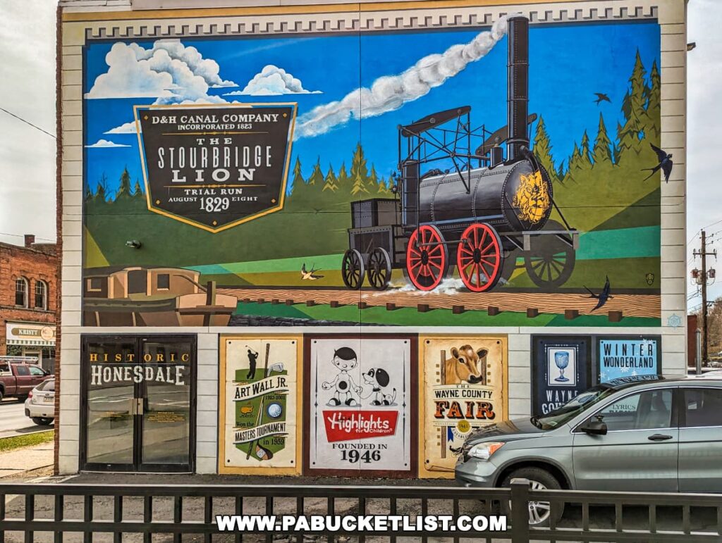 A mural in downtown Honesdale depicting several things the town and Wayne County is famous for.