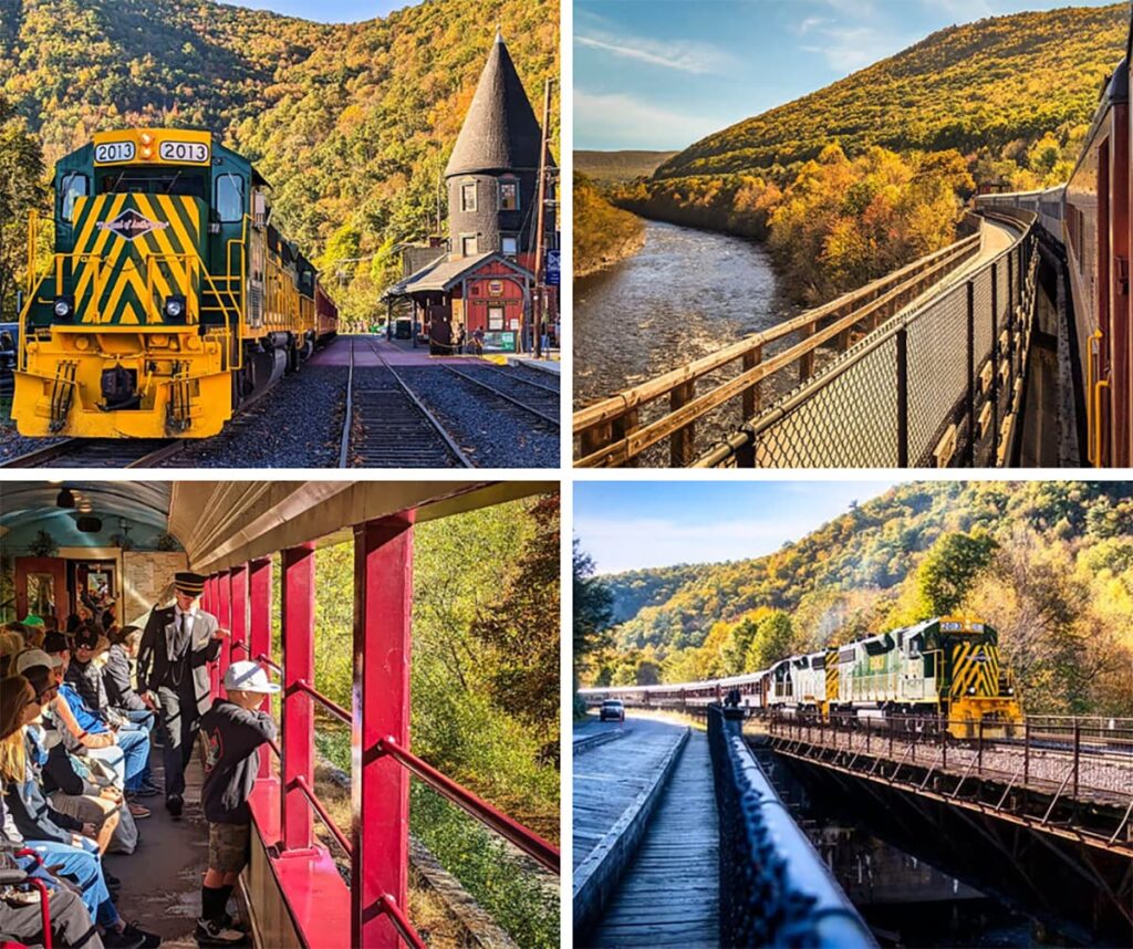 A collage of 4 photos taken at the Lehigh Gorge Scenic Railway in Carbon County PA.