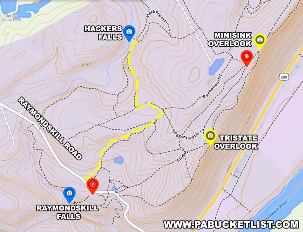 A topographic map showing the hiking routes to Hackers Falls, Raymondskill Falls, and various overlooks in Pike County, Pennsylvania. The map highlights the trails with dashed lines, marking key points of interest such as Hackers Falls, Minisinik Overlook, and Tristate Overlook. Raymondskill Road runs through the area, providing access to the trailheads. The elevation contours and key landmarks, like parking areas, are clearly indicated to help hikers navigate the terrain.