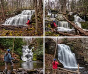 4 photos showing Pennsylvania's leading travel expert Rusty Glessner at some of the best waterfalls in the Poconos region of Pennsylvania.