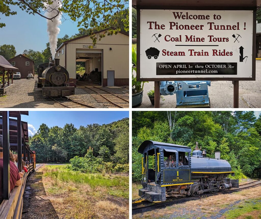 A collage of 4 photos taken at the Pioneer Tunnel Steam Train in Schuylkill County PA.