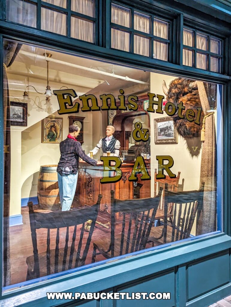 The image shows a detailed diorama of the Ennis Hotel and Bar at the Railroad Museum of Pennsylvania in Strasburg, Lancaster County. Viewed through a large window, the scene features two life-size figures: one man standing behind a wooden bar, seemingly greeting another man who approaches the bar. The interior is richly decorated with period-appropriate furnishings, including wooden chairs, a barrel, and vintage photographs on the walls, all under warm lighting that enhances the cozy, historical ambiance. The exterior of the window prominently displays the "Ennis Hotel & Bar" signage, adding to the authenticity of this recreated late 19th-century tavern scene.