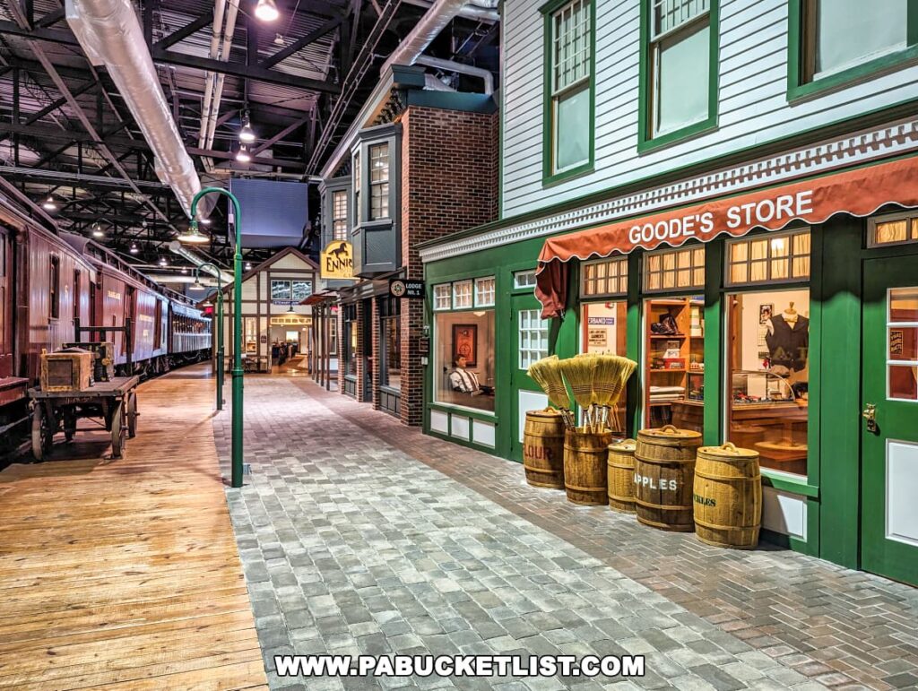 The image captures a meticulously recreated historical street scene within the Railroad Museum of Pennsylvania in Strasburg, Lancaster County. This indoor exhibit features a cobblestone path flanked by charming facades of shops and businesses, including the "Ennis Hotel" and "Goode's Store." The shop fronts display period-appropriate details such as wooden barrels labeled "Apples" and "Flour" and items like brooms and a tailor’s dummy visible through shop windows. Adjacent to the street, a row of vintage railroad cars provides a backdrop, enhancing the immersive feel of the setting. Overhead, the industrial ceiling with its metal beams and ductwork contrasts with the quaintness of the street below, creating a dynamic and engaging historical experience.