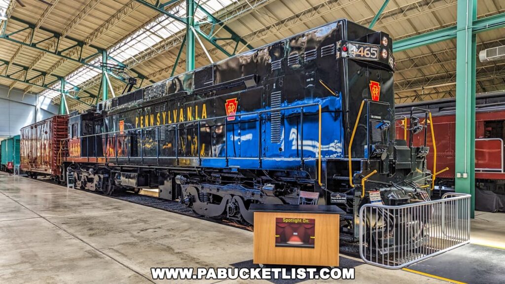 The image shows a beautifully restored Pennsylvania Railroad locomotive, numbered 4465, on display at the Railroad Museum of Pennsylvania in Strasburg, Lancaster County. The locomotive, painted in a glossy black with bold yellow striping and the iconic Pennsylvania Railroad keystone logo, represents the classic design of American diesel-electric engines. It is exhibited alongside various other railcars in a spacious, well-lit indoor exhibit hall characterized by high green steel beams. A small display titled "Spotlight On:" in front of the locomotive provides information about this specific engine, enhancing the educational value of the exhibit. The overall scene is a testament to the preservation and celebration of railroad heritage at the museum.