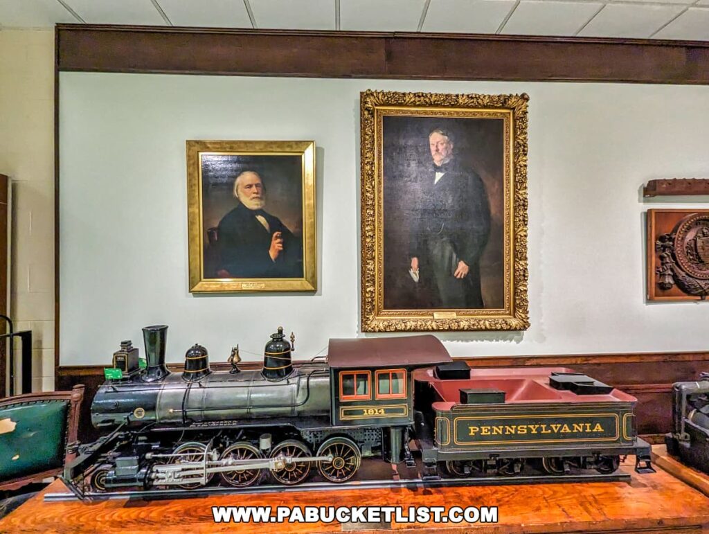The image showcases a display of railroad memorabilia at the Railroad Museum of Pennsylvania in Strasburg, Lancaster County. Featured prominently in the foreground is a detailed scale model of a classic steam locomotive, labeled "Pennsylvania," accompanied by various train cars. Above this model, the wall is adorned with two large, framed portraits of distinguished gentlemen, possibly historical figures associated with the Pennsylvania Railroad. These portraits are set in ornate gold frames, adding a touch of formality and historical significance to the exhibit. The display is arranged on a wooden surface against a white wall, creating a dignified and educational exhibit that highlights the rich history of railroading in Pennsylvania.