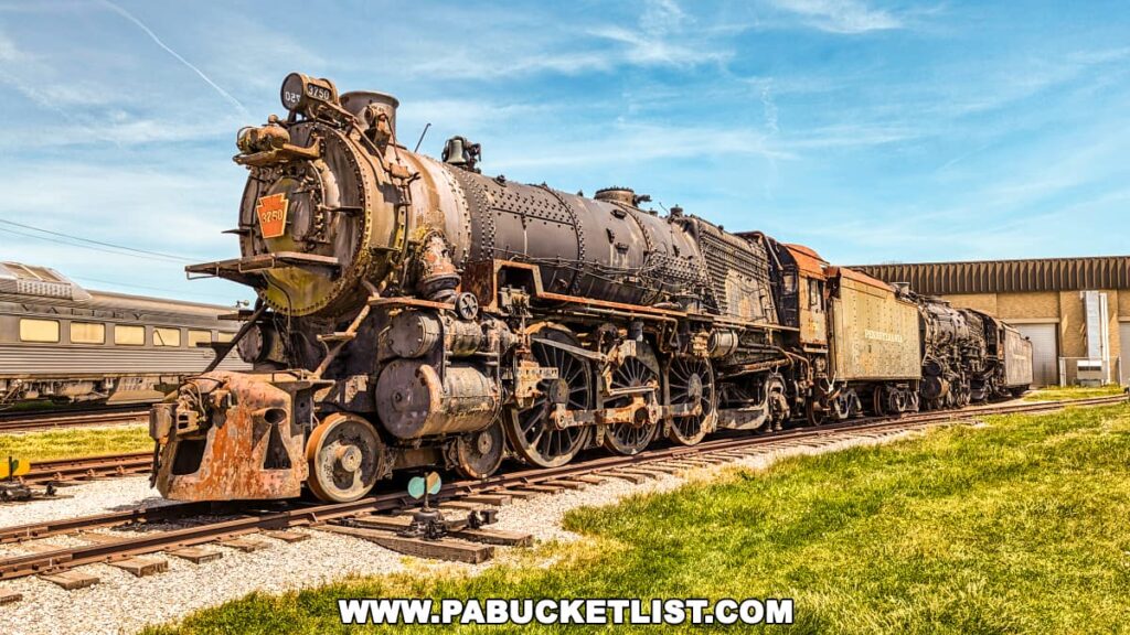 The image captures a vintage Pennsylvania Railroad steam locomotive, numbered 3750, displayed in an outdoor setting at the Railroad Museum of Pennsylvania in Strasburg, Lancaster County. This heavily weathered locomotive exhibits the rugged charm and intricate engineering of early 20th-century steam trains, with visible rust and decay highlighting its long history and the harsh conditions it has endured. The locomotive's powerful structure, with large driving wheels and complex piping, stands on tracks against a clear blue sky, flanked by other railcars and backed by a large museum storage facility. This scene presents a vivid slice of railroad history, showcasing the durability and design of these historic machines.