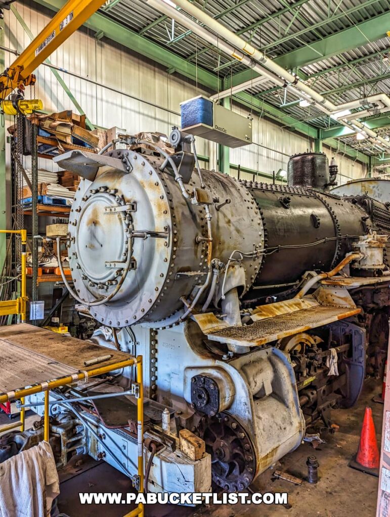 The image depicts an antique steam locomotive undergoing restoration in the workshop of the Railroad Museum of Pennsylvania in Strasburg, Lancaster County. This partially disassembled locomotive is shown with exposed components, highlighting the intricate and rugged engineering of early 20th-century steam technology. The scene includes a variety of tools and machinery used in the restoration process, such as a large overhead crane, showcasing the ongoing efforts to preserve and maintain historical railroad equipment. The workshop environment is illuminated by bright industrial lighting, which casts a vivid glow on the locomotive's metallic surface, emphasizing the texture and historic significance of this impressive machinery.
