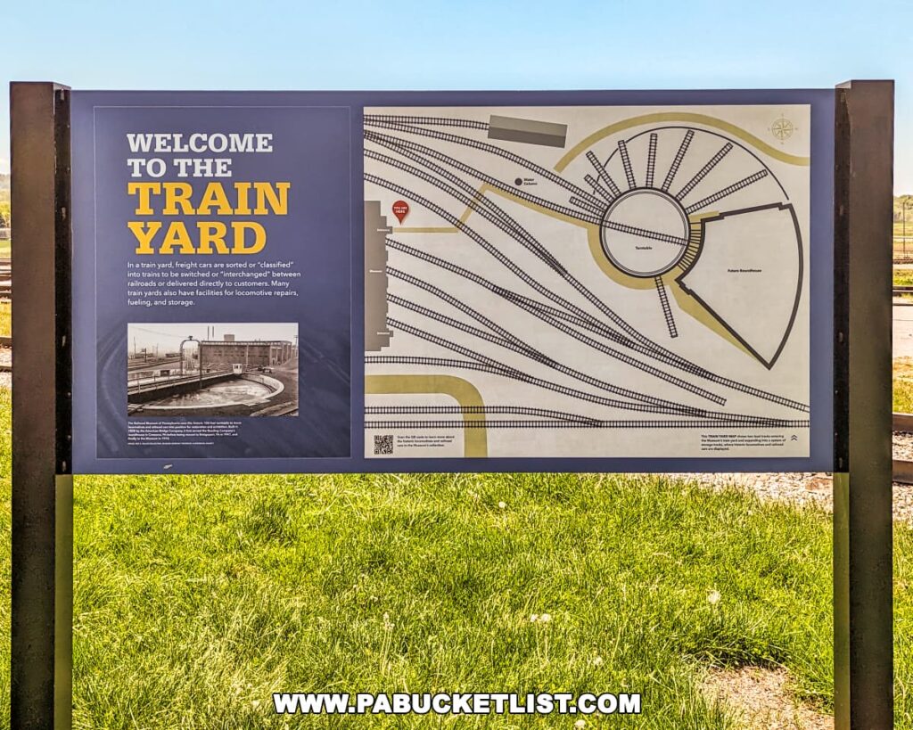 The image displays an informative sign titled "Welcome to the Train Yard" at the Railroad Museum of Pennsylvania in Strasburg, Lancaster County. The sign features a brief description explaining the purpose and function of a train yard, mentioning that it is where freight cars are sorted or "classified" into trains for delivery. It also notes that train yards have facilities for locomotive repairs, fueling, and storage. To the right of the text is a detailed schematic map of a train yard layout, showing various tracks and their designated uses, enhancing visitor understanding of how a train yard operates. The sign is mounted on a stand in a grassy area, making it easily accessible for museum visitors.