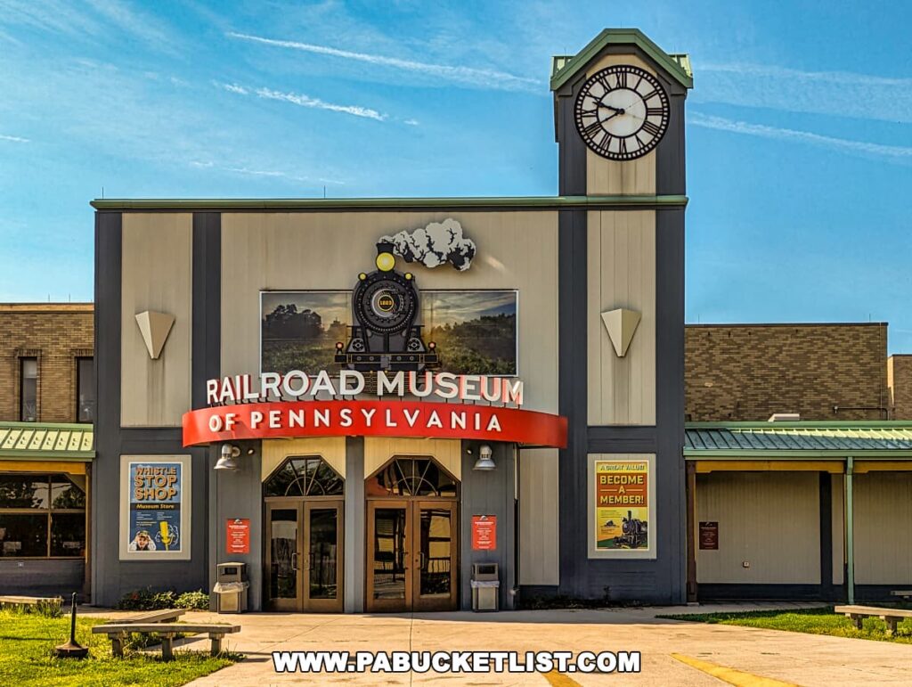 The image depicts the front entrance of the Railroad Museum of Pennsylvania in Strasburg, Lancaster County. The museum's façade is modern with a central clock tower topped with a weathervane. A large graphic of a classic steam locomotive adorns the front above the main entrance, which is flanked by posters and red canopies. The entrance is marked with a bold red sign reading "Railroad Museum of Pennsylvania." The setting is sunny with a clear blue sky, and there's a tranquil grassy area in front of the building, inviting visitors to explore the rich history of railroading housed within.