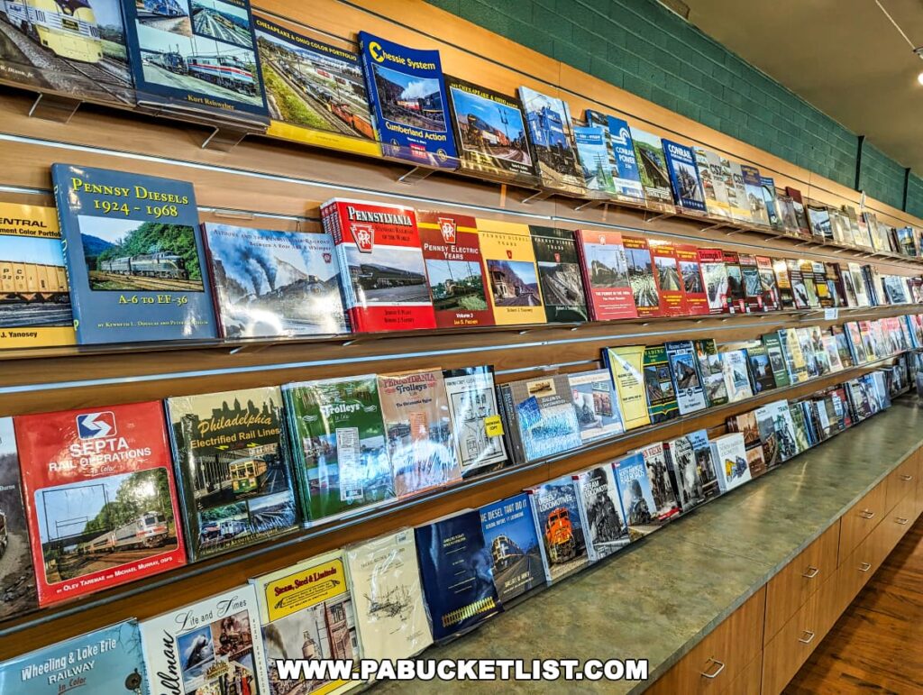 The image showcases a well-stocked bookshelf in the gift shop at the Railroad Museum of Pennsylvania in Strasburg, Lancaster County. The shelves are filled with a wide variety of railroad-related books, covering topics from historic diesel engines and electrified rail lines to specific rail companies like Conrail and the Pennsylvania Railroad. The books are neatly arranged and visibly labeled, catering to enthusiasts and historians alike. The setting is bright and inviting, with natural light enhancing the colorful book covers, making it an appealing spot for visitors to browse and learn more about railroad history.