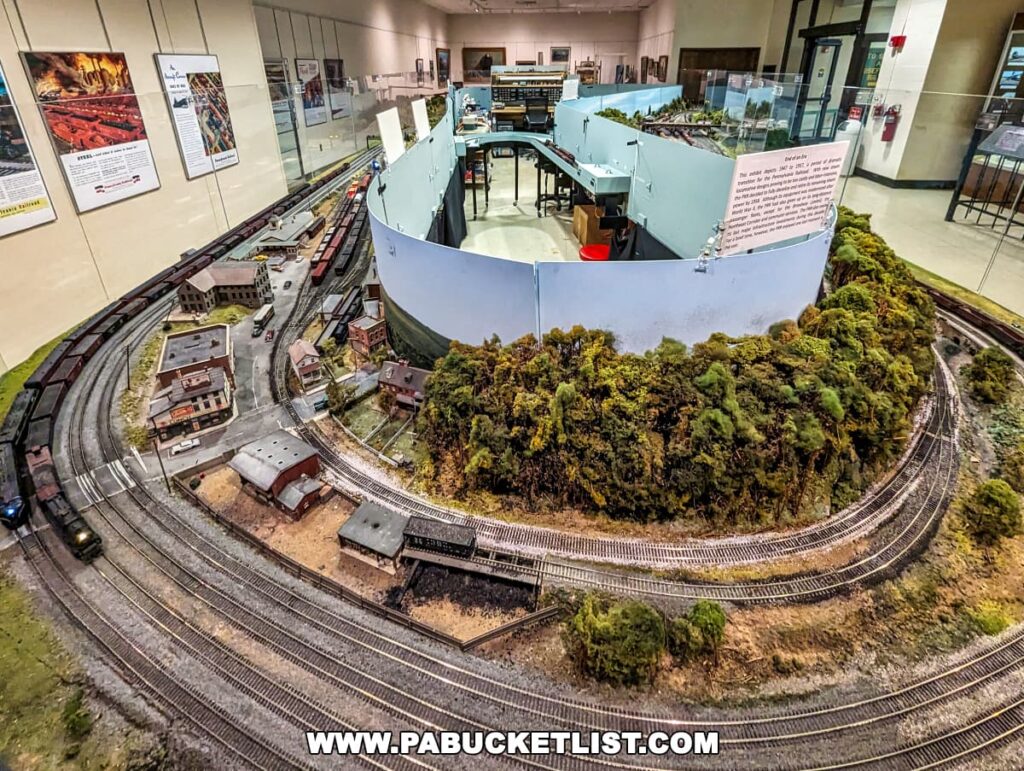 The image displays an elaborate model train layout at the Railroad Museum of Pennsylvania in Strasburg, Lancaster County. This detailed diorama includes multiple train tracks weaving through a realistically modeled landscape that features small-scale buildings, homes, and dense, forested areas. The scene captures various aspects of a rural town, complete with a train station, commercial structures, and residential homes, all intricately detailed. Educational posters on the wall behind the display provide context and information about the exhibit. This model provides a captivating visual representation of railway operations and the environment they traverse, designed to educate and fascinate museum visitors of all ages.