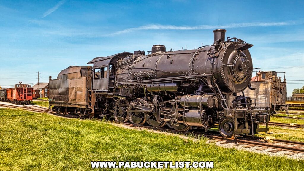 The image features a striking view of a partially restored vintage steam locomotive at the Railroad Museum of Pennsylvania in Strasburg, Lancaster County. Displayed outdoors on a clear day, the locomotive, with its complex array of pipes, rods, and wheels, is shown in exquisite detail, illustrating the intricate mechanics of early 20th-century steam engines. The robust, dark metal body of the train contrasts sharply against the bright blue sky. Behind the main locomotive, additional railcars and a red caboose add depth and context to the historical railway exhibit, showcased on well-maintained tracks surrounded by lush green grass. This scene captures the preservation efforts and the historical importance of these rail vehicles in an open-air display.