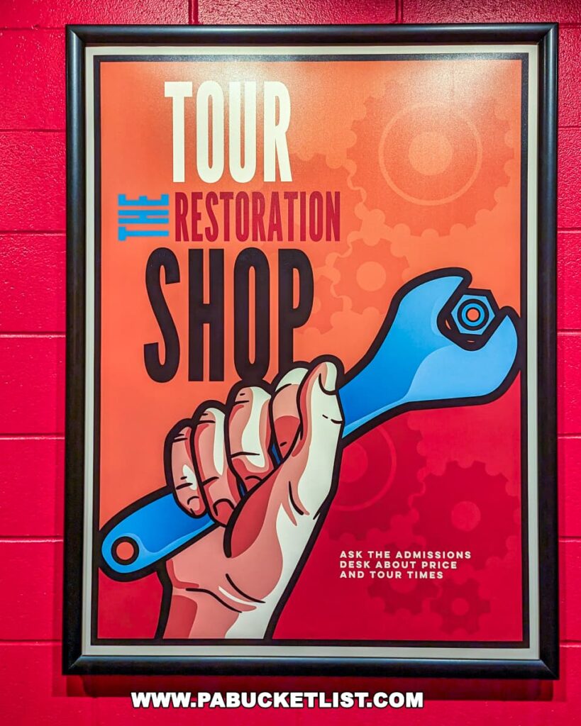 The image features a vibrant poster from the Railroad Museum of Pennsylvania in Strasburg, Lancaster County, promoting tours of the Restoration Shop. The poster is framed and displayed against a bright red wall. It depicts a stylized hand holding a wrench, symbolizing hands-on restoration work. The bold graphic design uses shades of red, blue, and orange with the text "Tour The Restoration Shop" prominently displayed. Additional text invites visitors to inquire at the admissions desk about tour times and prices, making it both an informative and visually appealing guide for museum visitors interested in learning about railroad restoration processes.