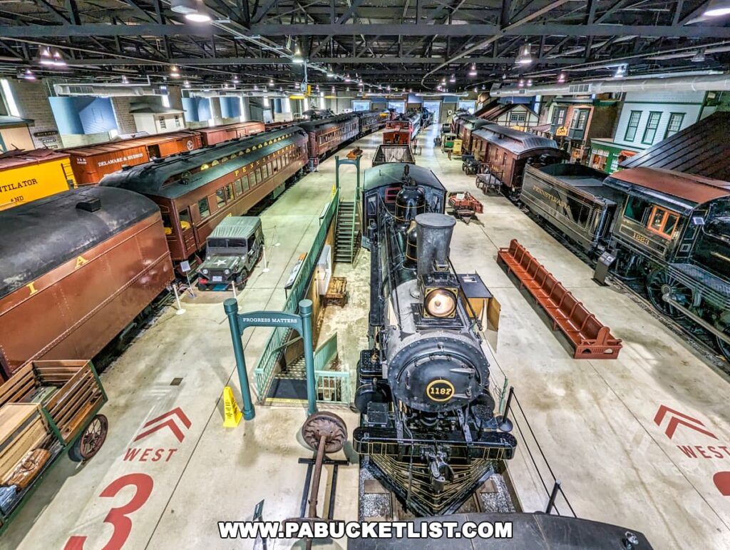 The image shows a bird's-eye view of the main exhibit hall at the Railroad Museum of Pennsylvania in Strasburg, Lancaster County. It features a vast collection of historic railroad cars and locomotives arranged neatly on parallel tracks. The floor is marked with directional arrows and track numbers, guiding visitors through the exhibit. A variety of railcars, including passenger, baggage, and freight cars from different eras, are displayed. The hall is also adorned with smaller railroad-related artifacts, such as benches and cargo carts. The ambiance is enhanced by the museum's industrial-style lighting and high ceilings, showcasing the rich history of rail transportation in a well-preserved and engaging setting.