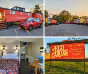 A collage of four photos taken at the Red Caboose Motel in Lancaster County, PA. The top left image shows a red caboose labeled "Southern" with a red SUV parked in front of it. The top right image features two rows of colorful cabooses, including blue, yellow, and red ones, lined up on either side of a driveway. The bottom left image depicts the interior of a cozy motel room with a bed, table, and chair. The bottom right image showcases a sign for the Red Caboose Motel with a yellow caboose in the background. The Red Caboose Motel includes over 40 cabooses and train cars converted into retro motel rooms.