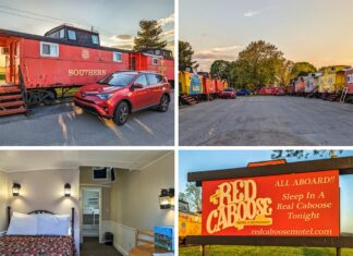 A collage of four photos taken at the Red Caboose Motel in Lancaster County, PA. The top left image shows a red caboose labeled "Southern" with a red SUV parked in front of it. The top right image features two rows of colorful cabooses, including blue, yellow, and red ones, lined up on either side of a driveway. The bottom left image depicts the interior of a cozy motel room with a bed, table, and chair. The bottom right image showcases a sign for the Red Caboose Motel with a yellow caboose in the background. The Red Caboose Motel includes over 40 cabooses and train cars converted into retro motel rooms.