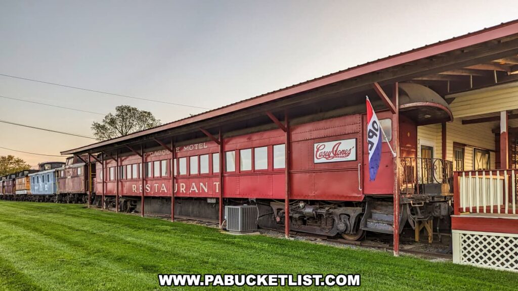 The exterior of the Casey Jones Restaurant at the Red Caboose Motel in Lancaster County, PA, housed in a repurposed red train car. The car features large windows and the name "Casey Jones' Restaurant" prominently displayed on a sign. A covered porch area with a railing is visible to the right, where a flag is displayed. The green lawn and clear sky add to the picturesque setting. In the background, a row of additional repurposed cabooses, painted in various colors, are also visible, further showcasing the unique charm of the motel.