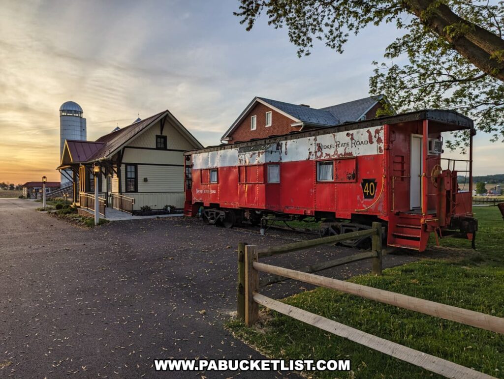 A red Nickel Plate Road caboose, number 40, repurposed as a motel room at the Red Caboose Motel in Lancaster County, PA. The caboose is weathered, adding to its vintage charm, and sits beside a building with a covered porch and a silo in the background. The scene is set during sunset, with the sky displaying warm hues of orange and yellow. A wooden fence lines the pathway leading to the caboose, and lush greenery surrounds the area, enhancing the rustic and picturesque atmosphere.