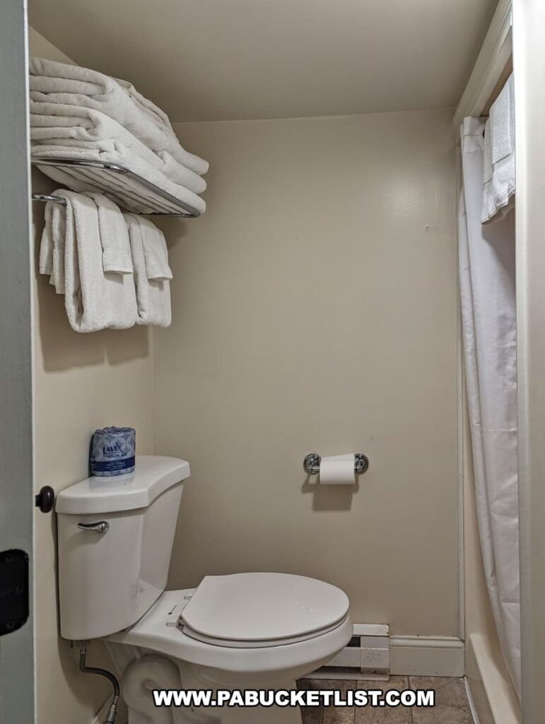 A small bathroom inside one of the repurposed caboose motel rooms at the Red Caboose Motel in Lancaster County, PA. The bathroom features a white toilet with a roll of toilet paper and a pack of Lavex toilet seat covers on top of the tank. Above the toilet, there is a metal rack holding neatly folded white towels and washcloths. To the right, there is a white shower curtain partially visible, indicating the presence of a shower area. The walls are painted a light beige color, creating a clean and simple look.