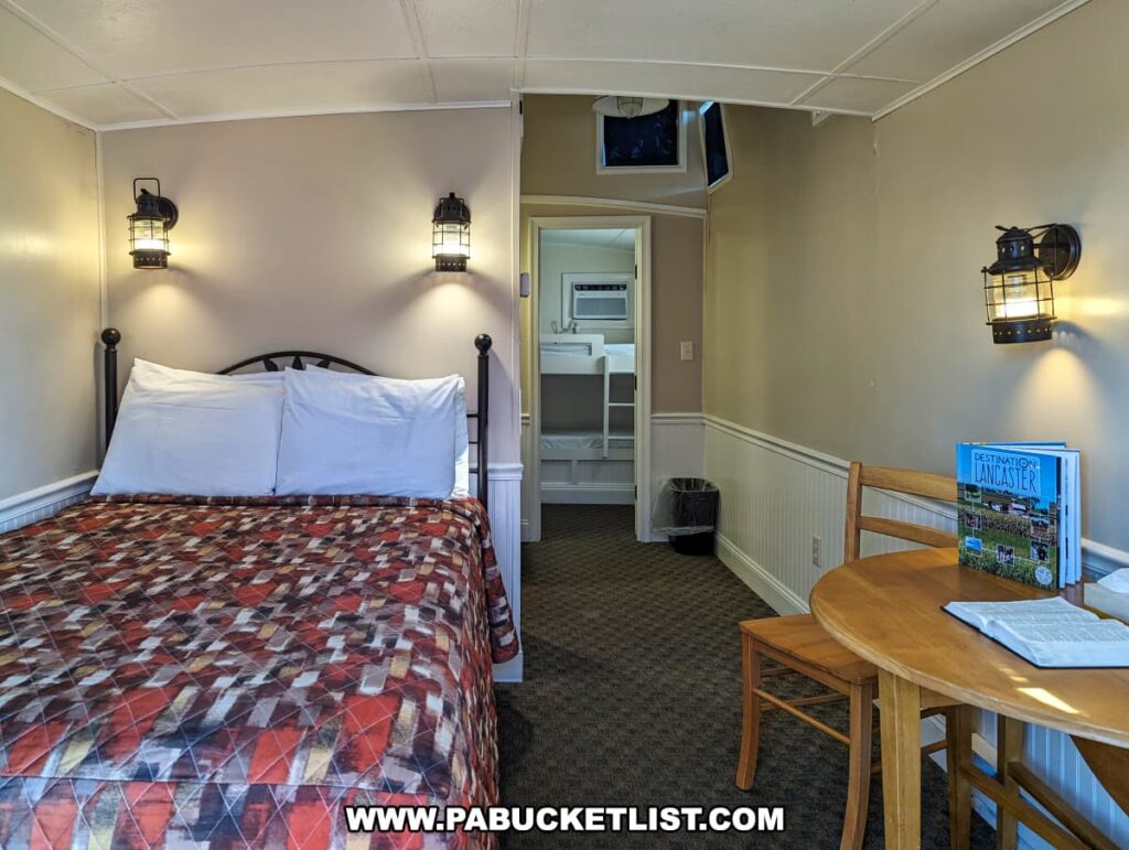 A cozy interior of a repurposed caboose motel room at the Red Caboose Motel in Lancaster County, PA. The room features a double bed with white pillows and a colorful quilted bedspread, flanked by two wall-mounted lantern-style light fixtures. To the right of the bed, there is a small wooden table with a chair, a book titled "Destination Lancaster" on top, and another lantern-style light above. In the background, a doorway leads to a small hallway with a glimpse of shelves and a compact bathroom area. The room is decorated in warm, neutral tones with white wainscoting along the lower half of the walls.